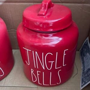 Rae Dunn "Jingle Bells" large red ceramic cookie jar w/ lid & handle